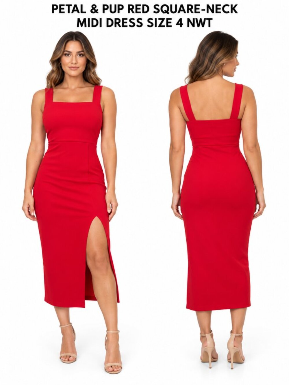 PETAL & PUP RED SQUARE NECK SLIT MIDI DRESS 4 NWT